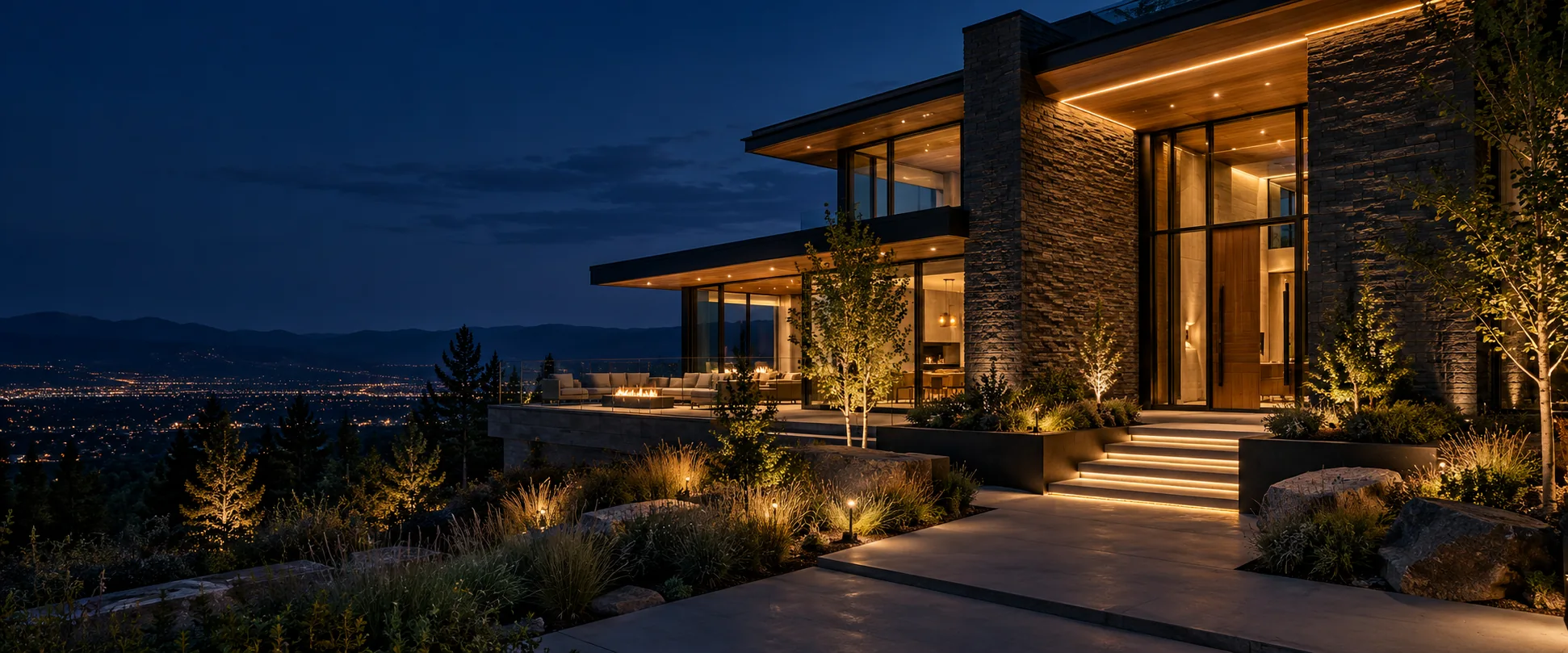 Contemporary home with restrained warm architectural lighting at dusk