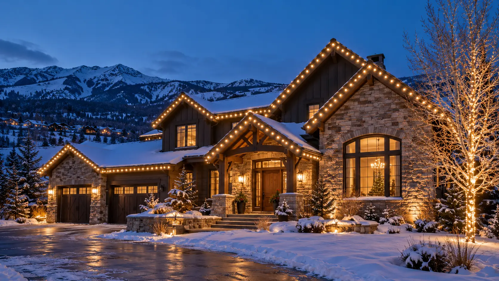 Mountain home with warm-white C9 holiday rooflines