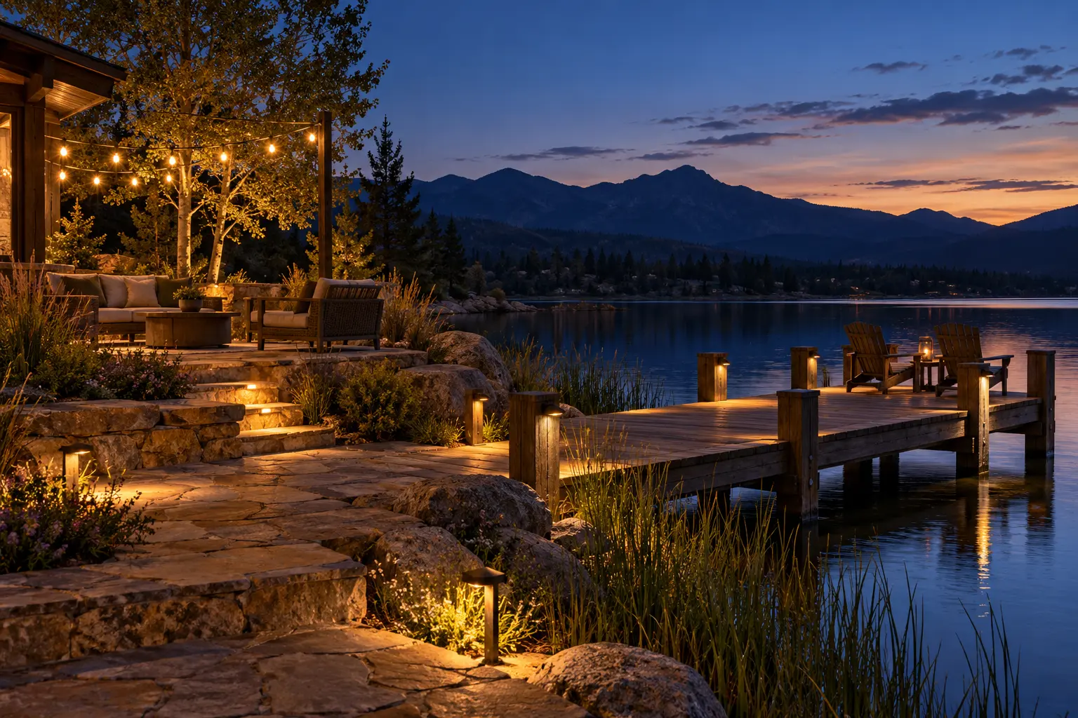 Lakeside patio and dock with shielded warm lighting