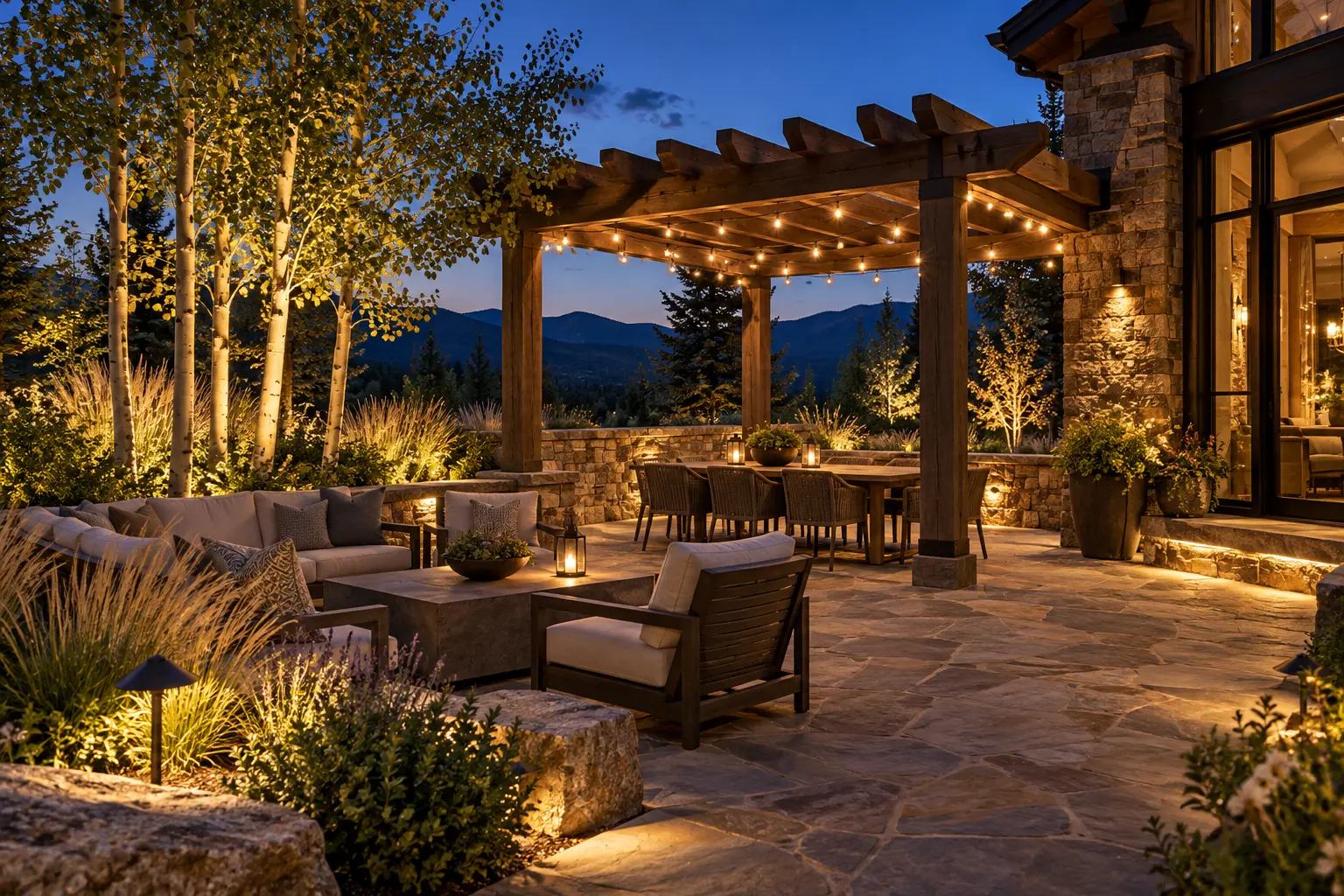 Colorado courtyard patio with warm bistro lighting and landscape accents