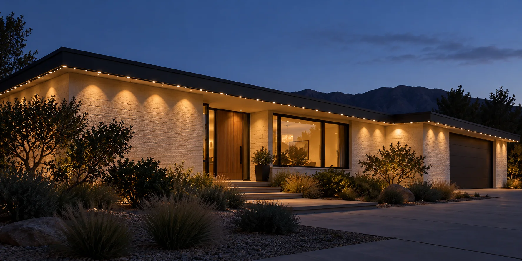 Single-story mid-century home with discreet permanent roofline lighting tracks and warm LED accents