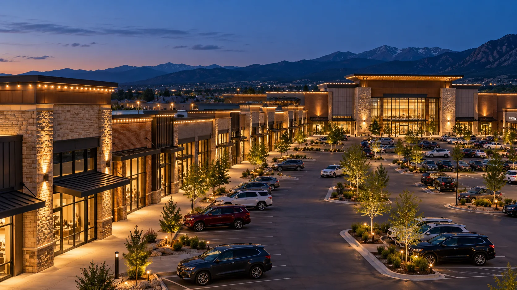 Large Colorado shopping center with permanent warm roofline lighting across storefronts and an anchor building at dusk